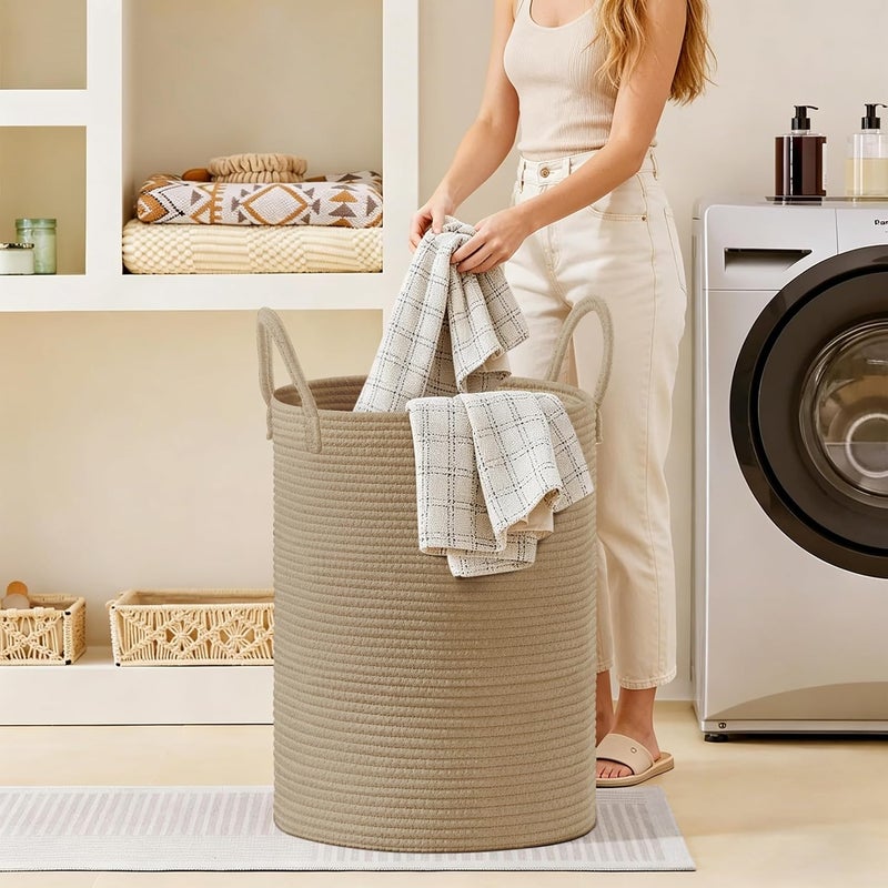 SunNewt Tall Laundry Basket with Handles, 88L Portable Dirty Clothes Hamper, Boho Cotton Rope Storage Bin for Blankets Kids Toys Gifts, Large Organizer for Baby Nursery Bedroom Bathroom, Jute - Image 4