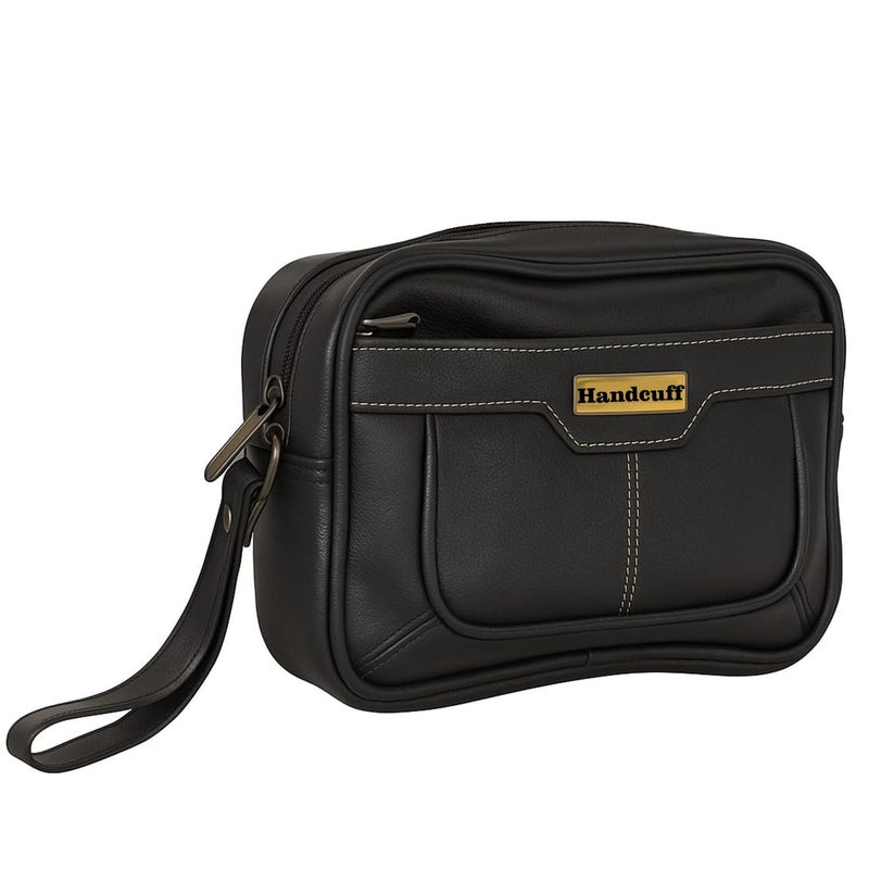 Handcuffs Mens Toiletry Kit Cash Bag | Foam Leather | Money Carrying | Travel | Accessories | Essentials | Pouch | Shaving | Makeup | Cosmetic | Grooming | Handbag (Black) - Image 1
