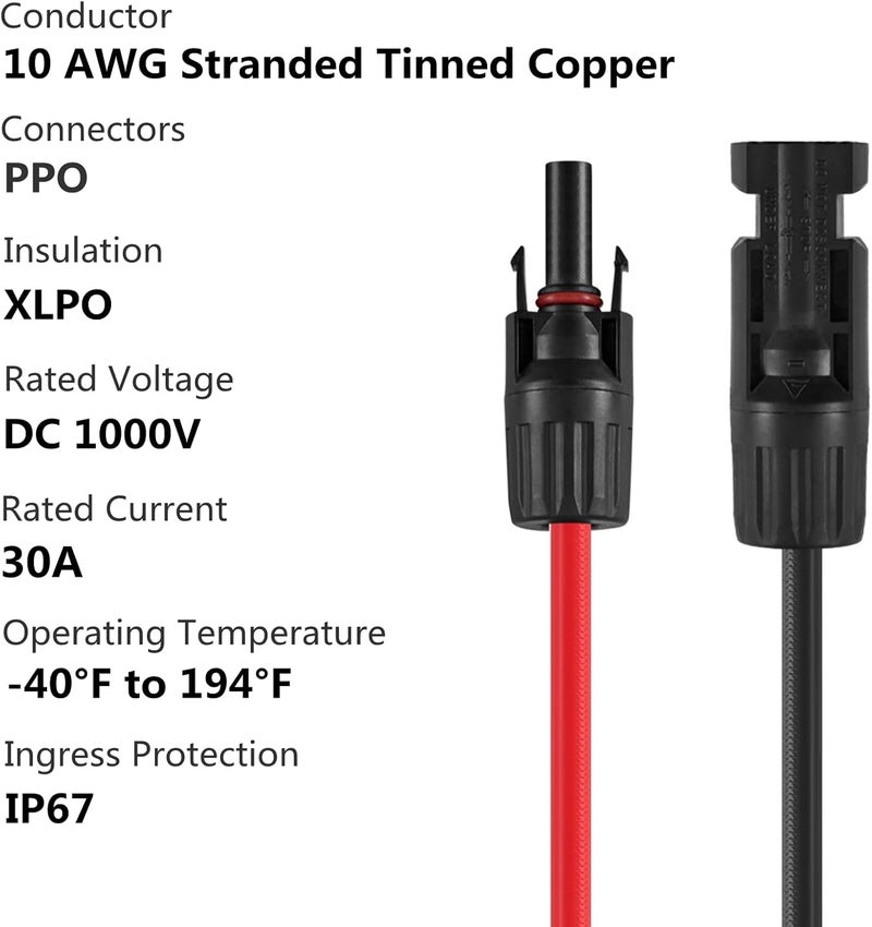 Soyan 20 Feet 10AWG Solar Extension Cable with Female and Male Connectors (Red & Black) - Image 2