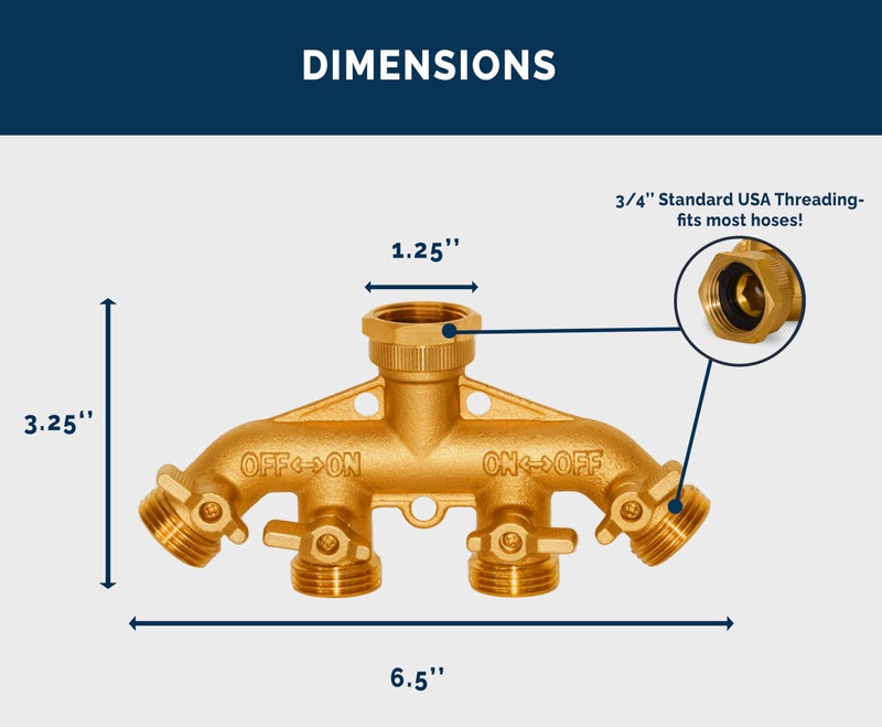 Morvat New & Improved Heavy Duty Brass 4 Way Splitter, Garden Hose Manifold Connector with Comfort Grip ON/OFF Valves, Adapter for Water Faucet & Spigot, Includes Washers, Teflon Tape - Image 4