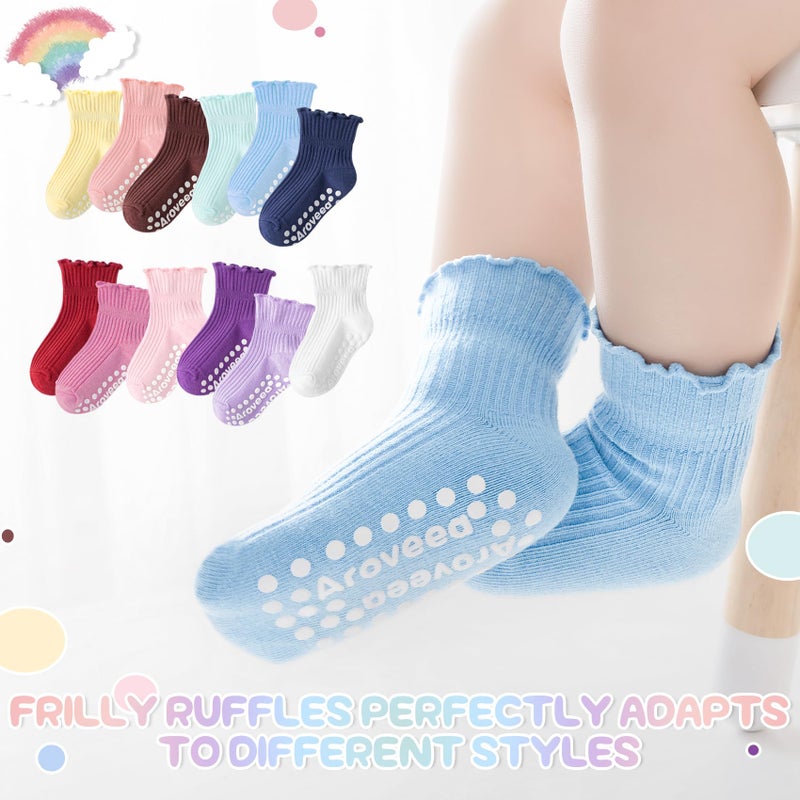 Aroveea Baby Toddler Girls Socks Grip Ruffle Non Slip Girls Cotton 12 Pack Socks for 1-3T Kids Cute Ankle 6M-7Years - Image 2
