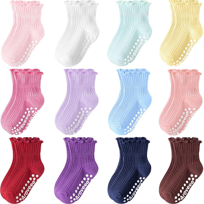Aroveea Baby Toddler Girls Socks Grip Ruffle Non Slip Girls Cotton 12 Pack Socks for 1-3T Kids Cute Ankle 6M-7Years - Image 1