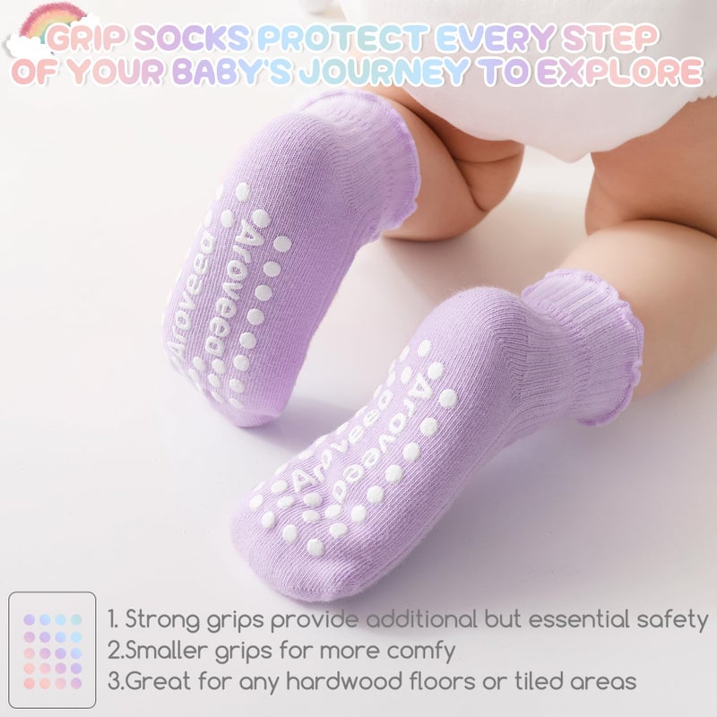 Aroveea Baby Toddler Girls Socks Grip Ruffle Non Slip Girls Cotton 12 Pack Socks for 1-3T Kids Cute Ankle 6M-7Years - Image 4