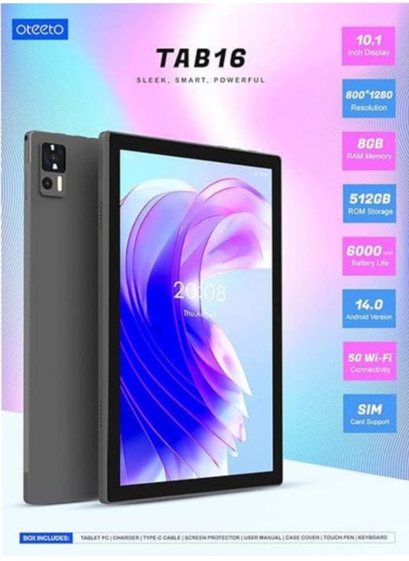 Oteeto - OTEETO Tab 16 10.1-inch IPS LCD Display | Octa-Core 2.0GHz Processor | Android 14 | 4G Connectivity | 6000mAh Battery | 12GB RAM + 512GB Storage | 8MP Front Camera + 13MP Rear Camera | Includes Keyboard & Touch Pen - Image 1