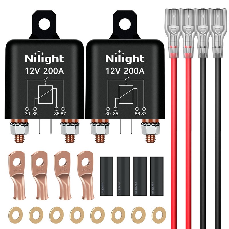 Nilight 2PC 200A Starter Relay 4 Pin Split Relays Switch 12V Continuous SPST High Current 4 Terminal Car Starter Control wCopper Wire Lugs for Automotive Car Truck Camper - Image 2