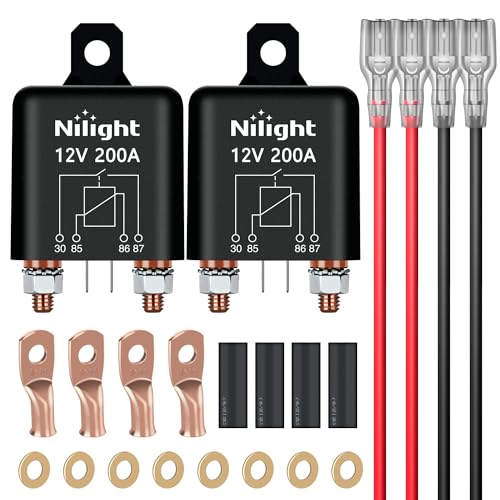 Nilight 2PC 200A Starter Relay 4 Pin Split Relays Switch 12V Continuous SPST High Current 4 Terminal Car Starter Control wCopper Wire Lugs for Automotive Car Truck Camper - Image 1