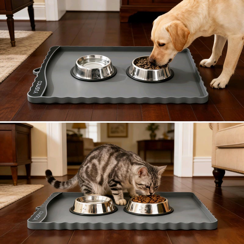 YUSMOO Dog Food Mat 20" x 15", Waterproof Silicone Pet Feeding Mat with Raised Edge & Residue Pocket, Non-Slip Bowl Mat for Dog Cat Food and Water, Easy to Clean Floor Protector - Image 5