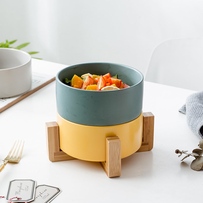 Ceramic Salad Bowl Set – Modern Round Porcelain Noodle Bowls with Wooden Frame - Image 5