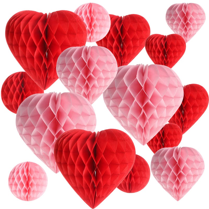 Marspark 16 Pieces Valentines Day Heart  Ball Tissue Paper Honeycomb Ball Love Decoration Pom Poms Pink Red Paper Heart Valentines Honeycomb for Valentines Day Wedding Party Decors