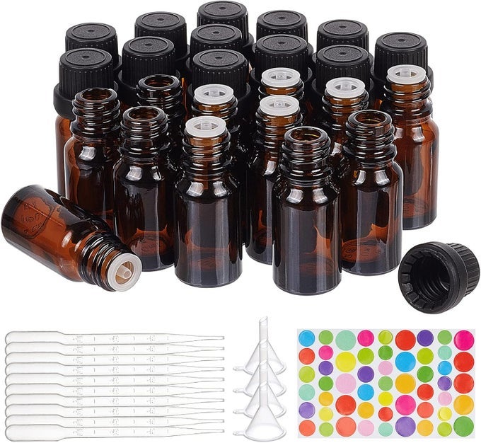 24 PACK 10ML BROWN GLASS ESSENTIAL OIL BOTTLES REFILLABLE CONTAINER KITS WITH PLASTIC DROPPERS, FUNNEL HOPPERS AND STICKER FOR AROMATHERAPY FRAGRANCE COSMETIC OIL