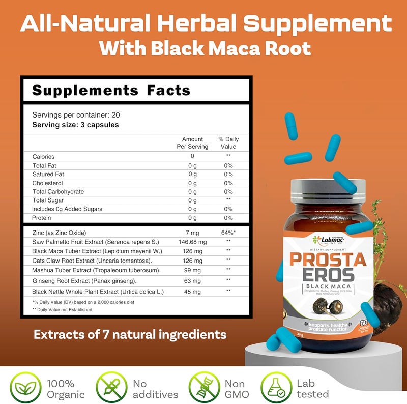 Prosta Eros ProstaEros Prostate Support Supplement  7 Natural Ingredients Black Maca Saw Palmetto Mashua Cats Claw Gingseg Black Nettle and Zinc Capsules 60 Count Pack of 1 - Image 2