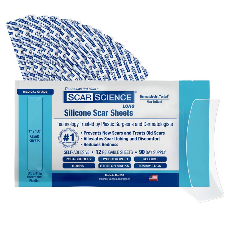 ScarScience Medical Grade Silicone Scar Sheets - Long Water-Resistant Silicone Scar Tape - Advanced Solution for Surgical Scars, Stretch Marks, and Keloids - 7-Inch Strips, 12-Pack - Image 1