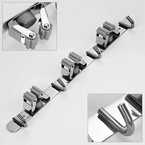 Topinon Stainless Steel Broom Mop Holder Hanging Shelves Wall Mount 3 Racks 4Hooks-1Pc - Image 2