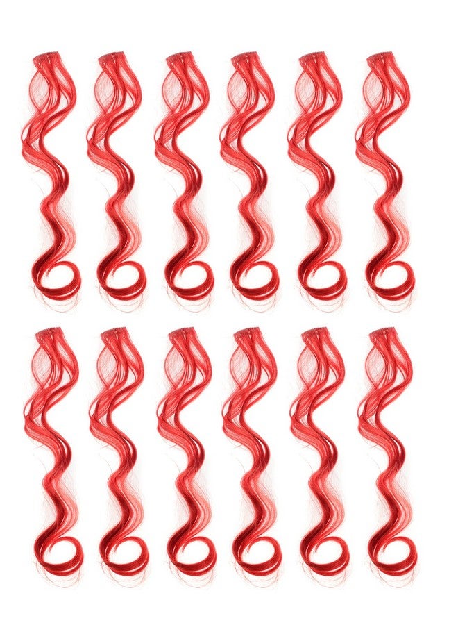 SWACC 12 Pcs Curly Wavy One Color Party Highlights Clip on in Hair Extensions Colored Hair Streak Synthetic Hairpieces (Red) - Image 1