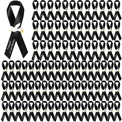 Geosar 100 Pcs Dove Funeral Memorial Ribbons Pins Memorial Service Respect Funeral Personalized Ribbon Bow with Safety Pins and White Dove for Mourning Mental Health Awareness Month GiftsBlack - Image 1