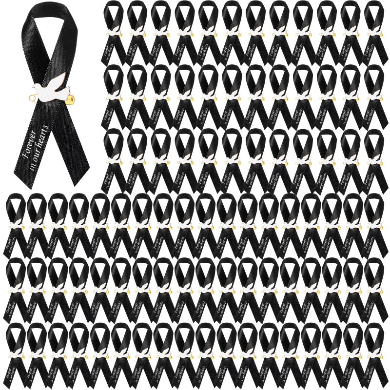 Geosar 100 Pcs Dove Funeral Memorial Ribbons Pins Memorial Service Respect Funeral Personalized Ribbon Bow with Safety Pins and White Dove for Mourning Mental Health Awareness Month GiftsBlack - Image 3