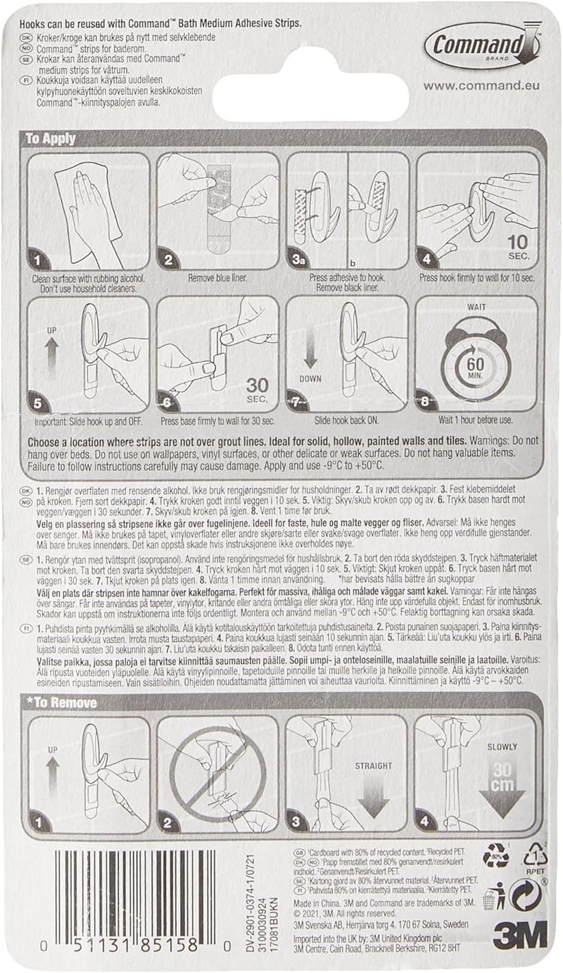 Command Designer Bath Hooks, Medium, White, 2-Hooks with Water-Resistant Strips (17081B-ES), Organize Your Dorm - Image 2