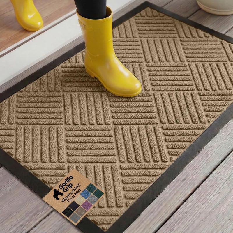 GORILLA GRIP 100% Waterproof All-Season WeatherMAX Doormat US Designed Natural Rubber, Stain and Fade Resistant, Low Profile Indoor Outdoor Door Mats, Easy Clean Patio Mat, 29x17, Beige Diamond - Image 1