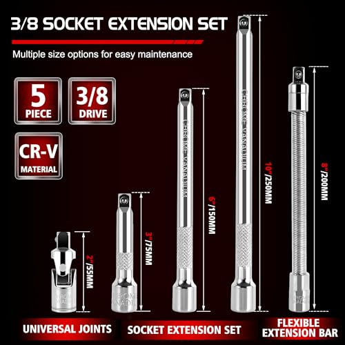 GURADESIGN 5-Piece 3/8 Inch Drive Extension Bar Set, Includes 3, 6, and 10 Inch Extensions, 3/8 Inch Drive Universal Joint Socket and Flexible Socket Extension Bar - Image 2
