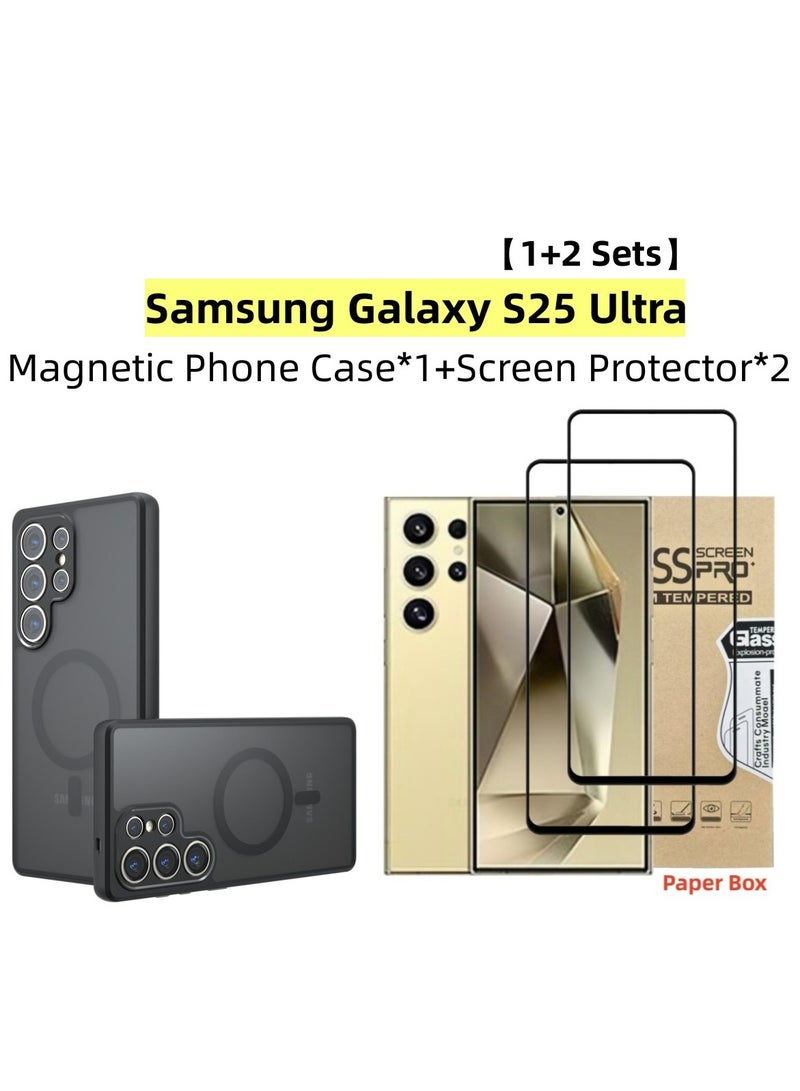 [1+2 Sets] For Samsung Galaxy S25 Ultra Case Cover & Screen Protector Magnetic Frosted Translucent Back Protective Slim Phone Cover, Anti-Fingerprints, Anti-Fall Drop Protection，2 Tempered Flims - Image 1