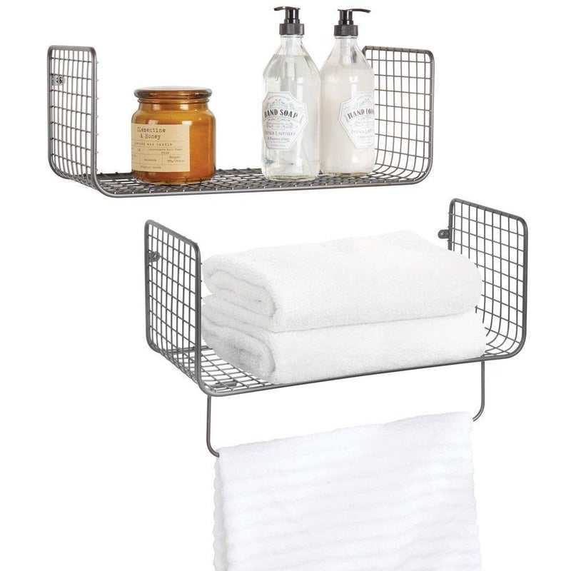 INDIAN DECOR INDIAN DECOR 28315 Metal Wire Farmhouse Wall Decor Storage Organizer Shelving Set 1 Shelf with Towel Bar for Bathroom Laundry Room Kitchen Garage Wall Mount 2 Pieces Black  - Image 1