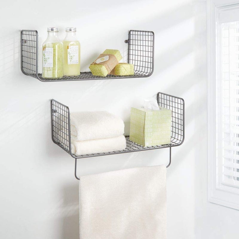 INDIAN DECOR INDIAN DECOR 28315 Metal Wire Farmhouse Wall Decor Storage Organizer Shelving Set 1 Shelf with Towel Bar for Bathroom Laundry Room Kitchen Garage Wall Mount 2 Pieces Black  - Image 2