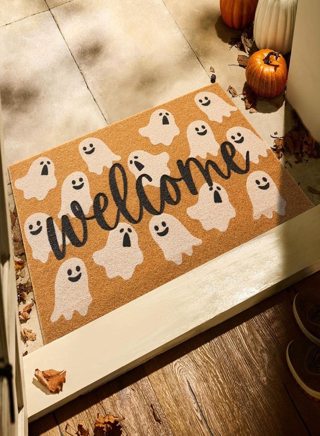 TYUU Halloween Door Mat Spooky Ghost Welcome Mat for Front Door Outdoor Entrance Doormat Coir Dirt Trapper with Non Slip Backing, 17x30, Welcome Ghost - Image 1