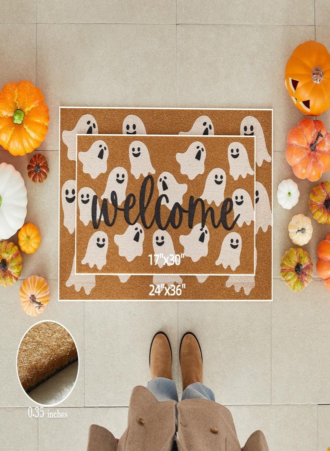 TYUU Halloween Door Mat Spooky Ghost Welcome Mat for Front Door Outdoor Entrance Doormat Coir Dirt Trapper with Non Slip Backing, 17x30, Welcome Ghost - Image 2