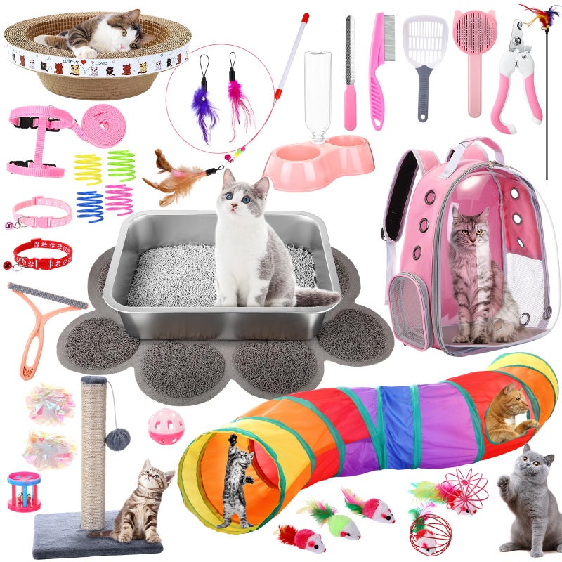 PullCrease 31 Pcs Kitten Supplies Starter Kit Kitten Essentials Starter Kit Include Stainless Steel Cats Litter Box Backpack Cat Scratcher Kitten Toys Accessories for Kitten Welcome Gift Supplies - Image 1