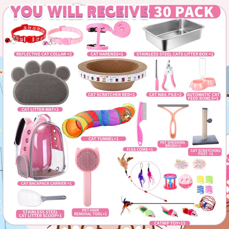 PullCrease 31 Pcs Kitten Supplies Starter Kit Kitten Essentials Starter Kit Include Stainless Steel Cats Litter Box Backpack Cat Scratcher Kitten Toys Accessories for Kitten Welcome Gift Supplies - Image 3