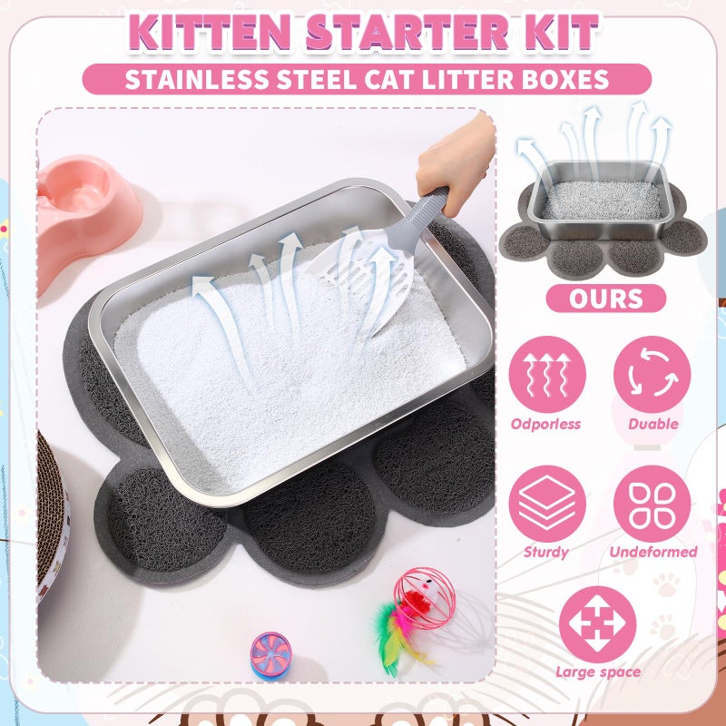 PullCrease 31 Pcs Kitten Supplies Starter Kit Kitten Essentials Starter Kit Include Stainless Steel Cats Litter Box Backpack Cat Scratcher Kitten Toys Accessories for Kitten Welcome Gift Supplies - Image 4