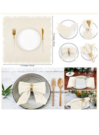 Cotton Linen Cloth Napkin, 12 Pcs Handmade Cloth Napkin with Fringe, 43x 43cm Soft Cloth Dinner Wedding Napkin Square Rustic Fringe Napkin for Dinners, Parties, Weddings, Ivory Wedding Napkin - view 2