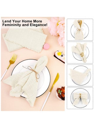 Cotton Linen Cloth Napkin, 12 Pcs Handmade Cloth Napkin with Fringe, 43x 43cm Soft Cloth Dinner Wedding Napkin Square Rustic Fringe Napkin for Dinners, Parties, Weddings, Ivory Wedding Napkin - view 3