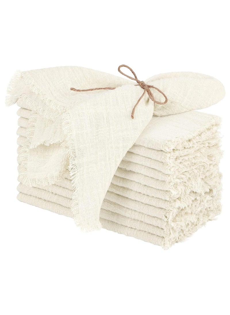 ح واحة مناديل قماشية من القطن والكتان من 12 قطعة مصنوعة يدويا مع شراشيب مقاس 43 × 43 سم، منديل مربع بنمط ريفي للعشاء والحفلات والزفاف، منديل زفاف عاجي - Image 1