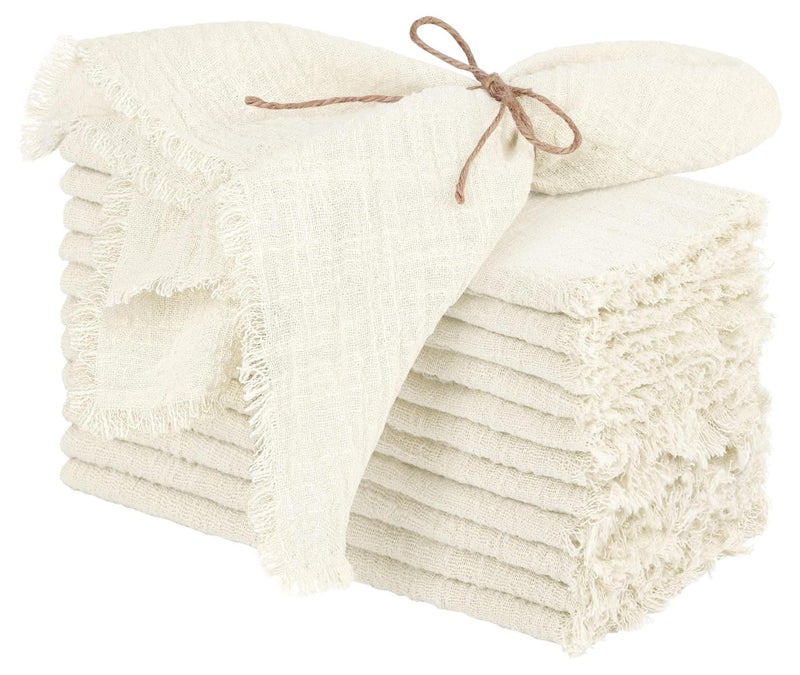 Hoasis Cotton Linen Cloth Napkin, 12 Pcs Handmade Cloth Napkin with Fringe, 43x 43cm Soft Cloth Dinner Wedding Napkin Square Rustic Fringe Napkin for Dinners, Parties, Weddings, Ivory Wedding Napkin - Image 1