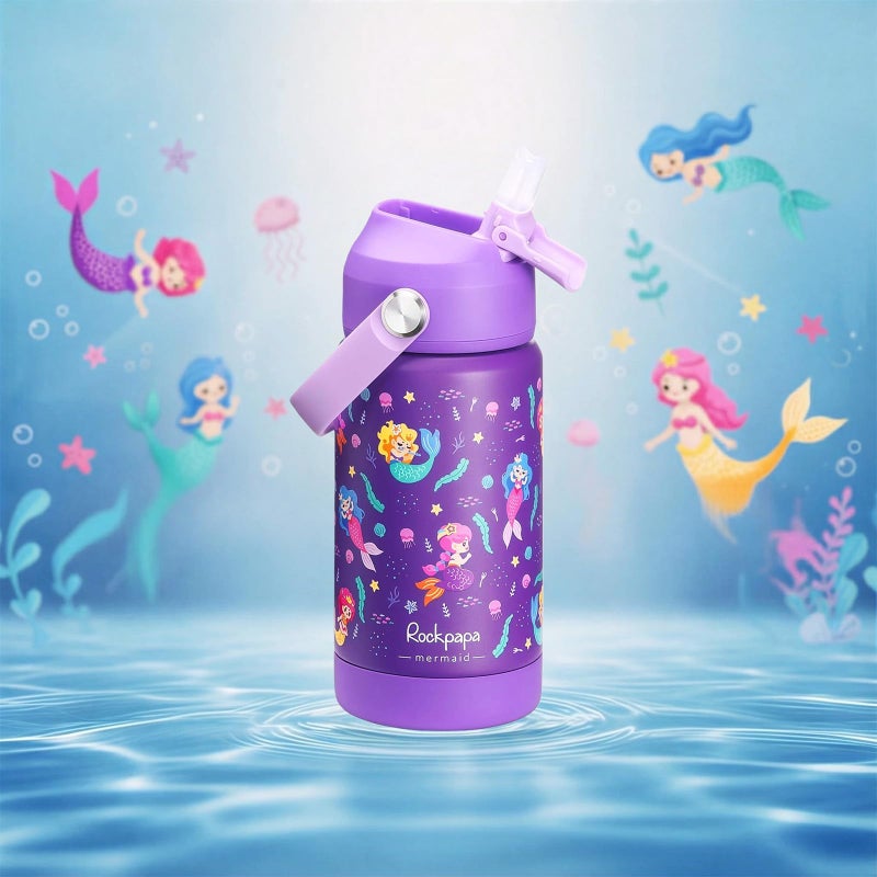 rockpapa 14 oz Kids Insulated Water Bottleï¼ŒStainless Steel Toddler Cups with Straws, BPA Free, Leak-Proof, Kids Water Bottle for School Boys& Girls (Purple Mermaid) - Image 2