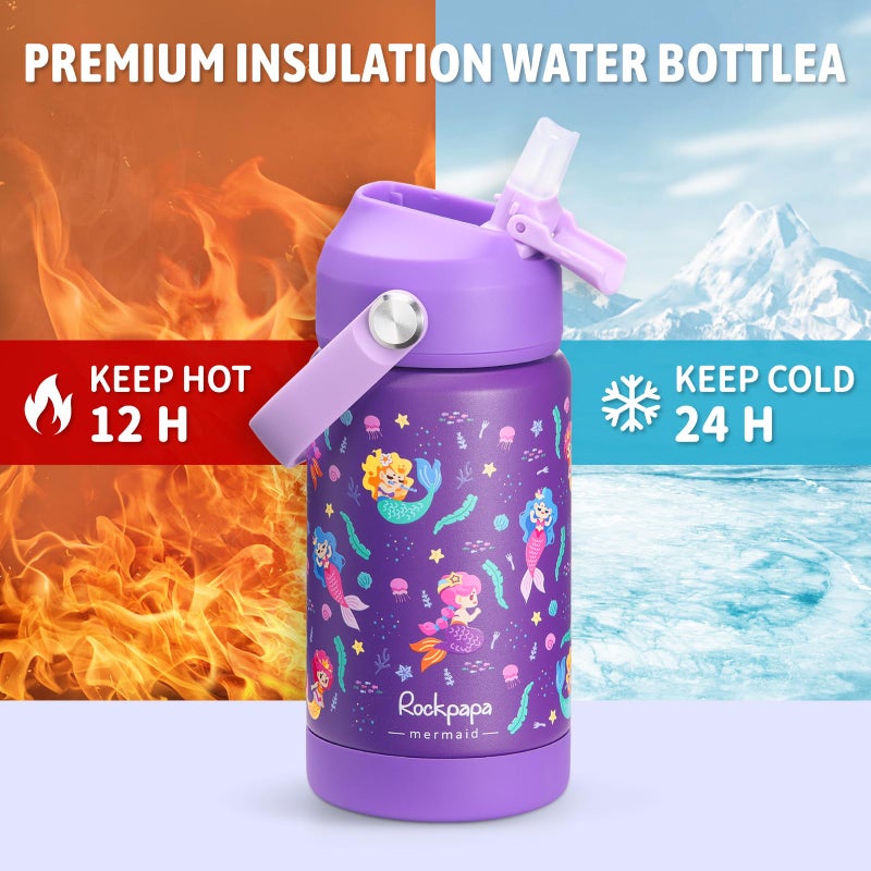 rockpapa 14 oz Kids Insulated Water Bottleï¼ŒStainless Steel Toddler Cups with Straws, BPA Free, Leak-Proof, Kids Water Bottle for School Boys& Girls (Purple Mermaid) - Image 3