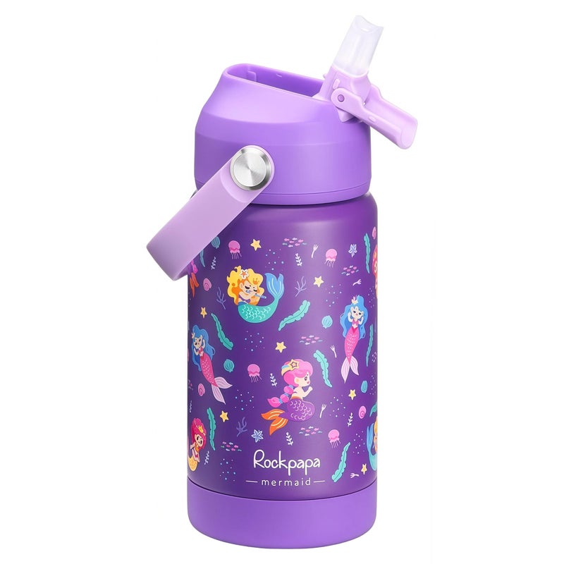 rockpapa 14 oz Kids Insulated Water Bottleï¼ŒStainless Steel Toddler Cups with Straws, BPA Free, Leak-Proof, Kids Water Bottle for School Boys& Girls (Purple Mermaid) - Image 1