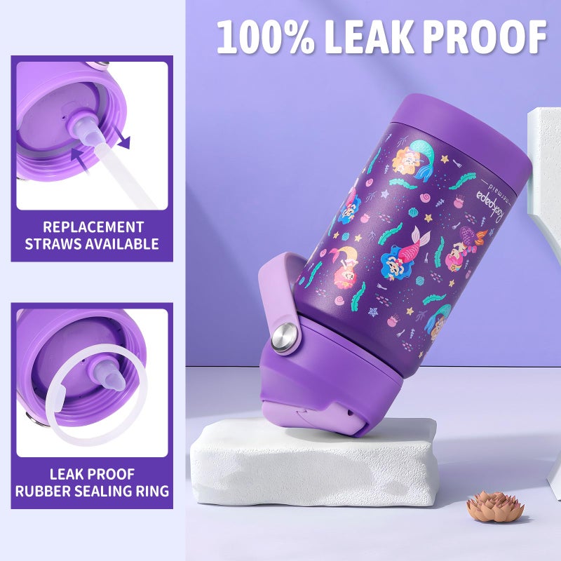rockpapa 14 oz Kids Insulated Water Bottleï¼ŒStainless Steel Toddler Cups with Straws, BPA Free, Leak-Proof, Kids Water Bottle for School Boys& Girls (Purple Mermaid) - Image 4