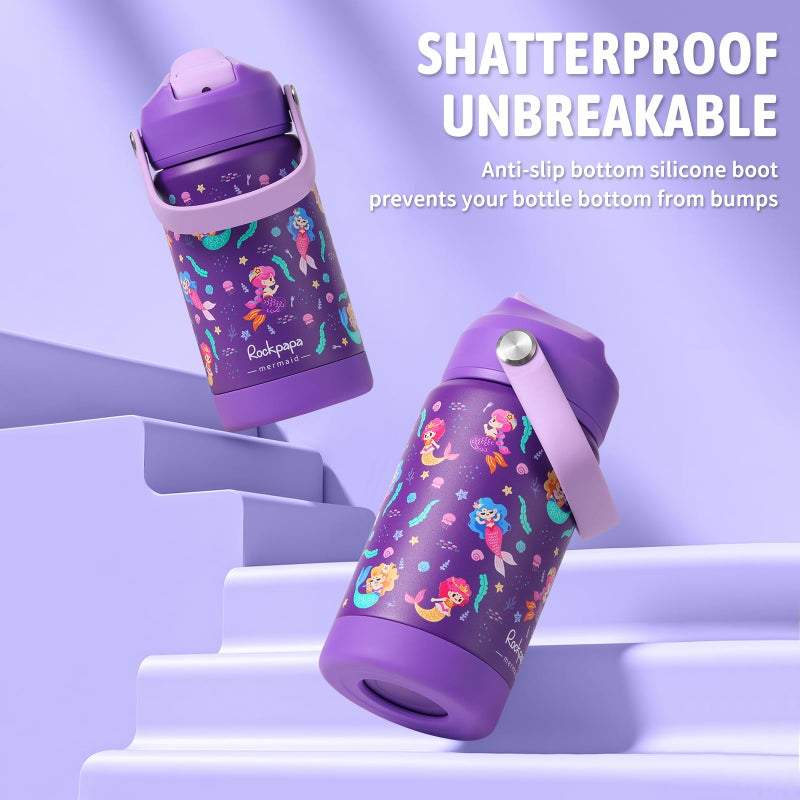 rockpapa 14 oz Kids Insulated Water Bottleï¼ŒStainless Steel Toddler Cups with Straws, BPA Free, Leak-Proof, Kids Water Bottle for School Boys& Girls (Purple Mermaid) - Image 5