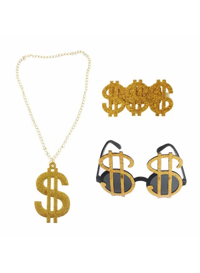KODORIA 3pcs Golden Dollar Sign Money Pendant Necklace Glasses Ring Mens Funny Pimp Gangster Rapper Fancy Costume Prop - Image 1