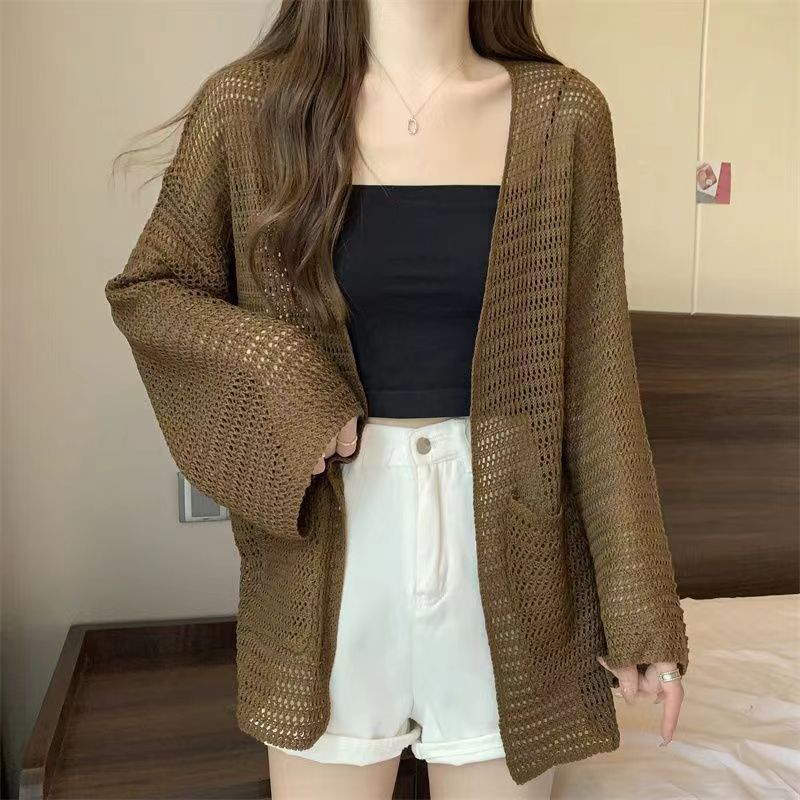 كارديجان محبوك مجوف، أسلوب كسول، أسلوب كوري، بلوزة فضفاضة للتنقل، معطف رقيق، شال وقمة - Image 1