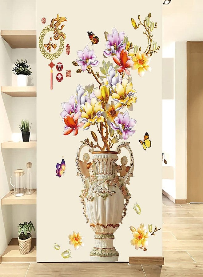 Supzone Chinese Style Vase Wall Sticker Gold Peony Flower Wall Decal Flying Butterflies Wall Decor DIY Vinyl Mural Art for Bedroom Living Room Offices Wall Decoration - Image 1