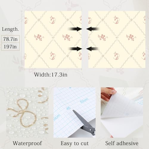 GloryTik Vintage Floral Wallpaper Peel and Stick, Removable Beige Flowers Contact Paper, Self Adhesive Wall Paper for Bedroom Living Room Cabinets Bedroom Vinyl Rolls (17.3" x 78.7") - Image 2