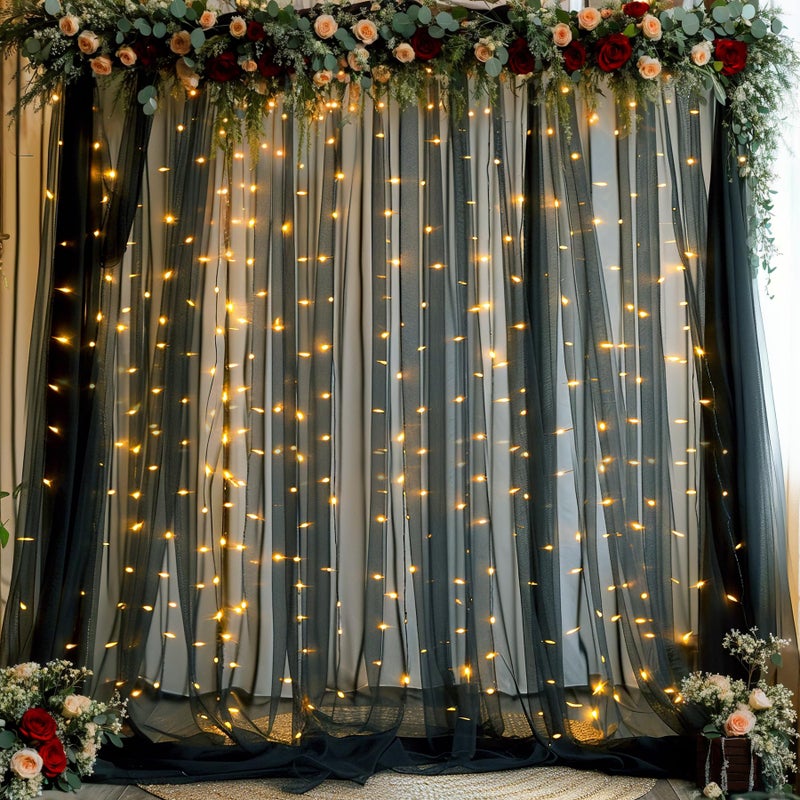 Suppromo Black Backdrop Curtains with Lights String for Parties Wedding Bridal Shower 10Ã—10ft Sheer Tulle Backdrop Curtain Panels for Baby Shower Birthday Party Photo Shoot Background Wall Decorations - Image 1