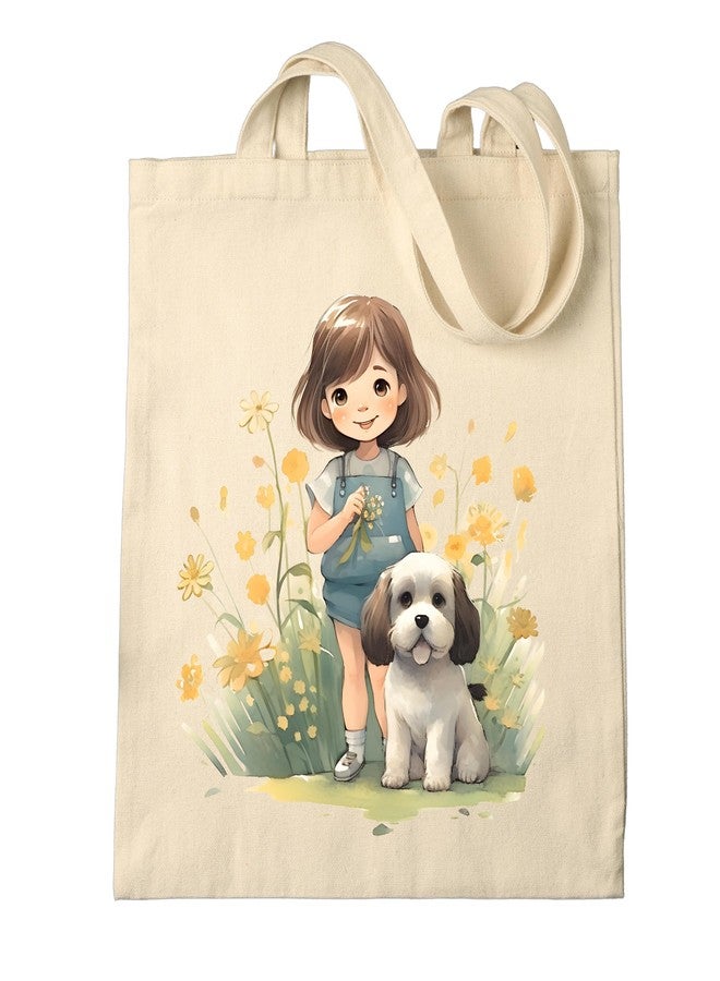 Metsi Canvas Tote Bag For Women, For Painting With Zipper, Reusable Multi-Purpose Cotton Bags For School/Gym/Shopping/Beach & Groceries, Diy Gift Bags, 13"X15" (Girl With Puppy 5),Beige - Image 1