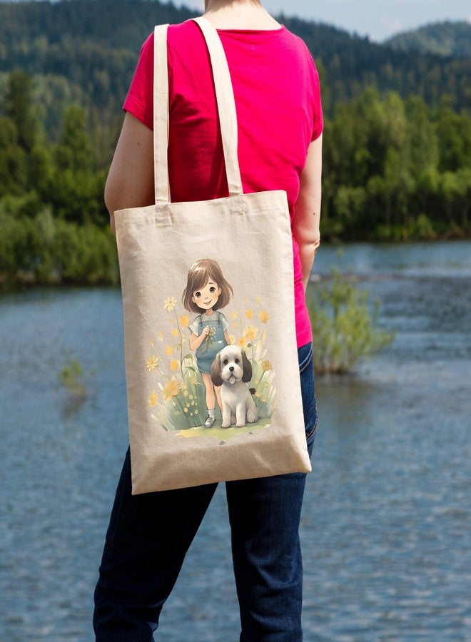Metsi Canvas Tote Bag For Women, For Painting With Zipper, Reusable Multi-Purpose Cotton Bags For School/Gym/Shopping/Beach & Groceries, Diy Gift Bags, 13"X15" (Girl With Puppy 5),Beige - Image 5