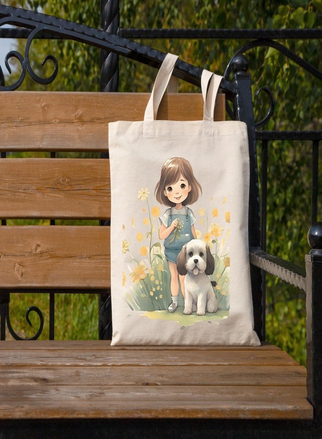 Metsi Canvas Tote Bag For Women, For Painting With Zipper, Reusable Multi-Purpose Cotton Bags For School/Gym/Shopping/Beach & Groceries, Diy Gift Bags, 13"X15" (Girl With Puppy 5),Beige - Image 4