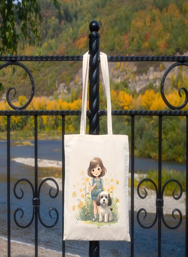 Metsi Canvas Tote Bag For Women, For Painting With Zipper, Reusable Multi-Purpose Cotton Bags For School/Gym/Shopping/Beach & Groceries, Diy Gift Bags, 13"X15" (Girl With Puppy 5),Beige - Image 3