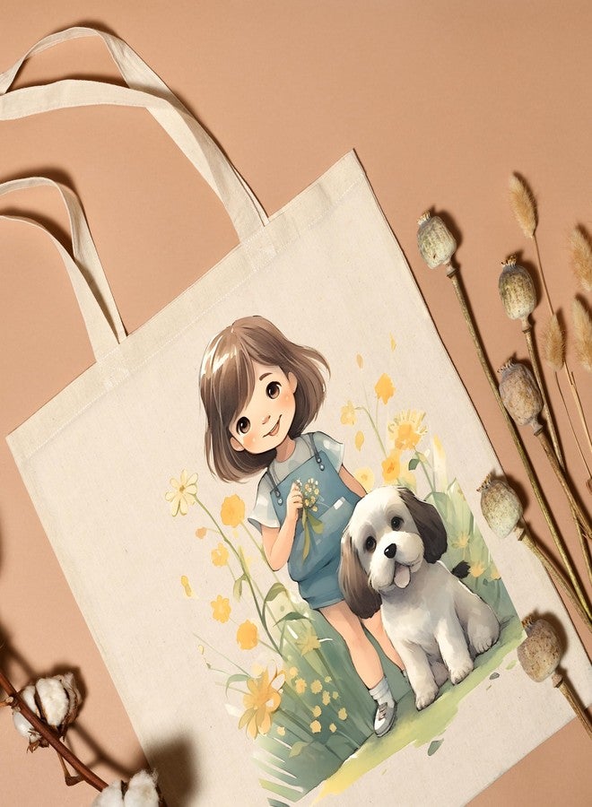 Metsi Canvas Tote Bag For Women, For Painting With Zipper, Reusable Multi-Purpose Cotton Bags For School/Gym/Shopping/Beach & Groceries, Diy Gift Bags, 13"X15" (Girl With Puppy 5),Beige - Image 2